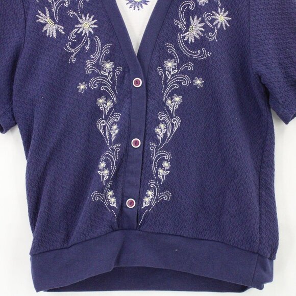 Vintage Koret Francisca Shirt Top Womens Navy Blue Short Sleeve V Neck Floral S - Picture 4 of 9